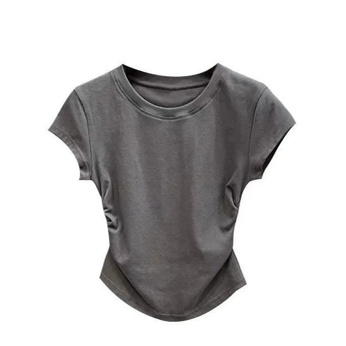2026 Summer Y2K T shirt Women Solid Color Kpop Vintage O-neck Crop Tops Woman Slim Skinny Pullover Clothing Clothes Ruffled Tees