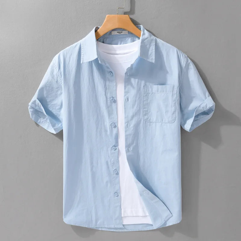 Summer New Casual Pure Cotton Thin Short Sleeve Shirts Men Clothing Soft Solid Color Streetwear FY969