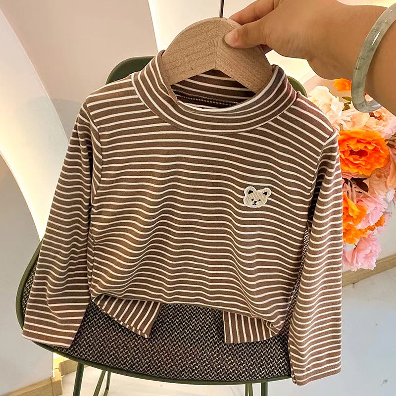 Children's Autumn Winter Clothing Long Sleeve T-shirt Striped Turtleneck Toddler Boys Girls Tops Fashion Undershirt