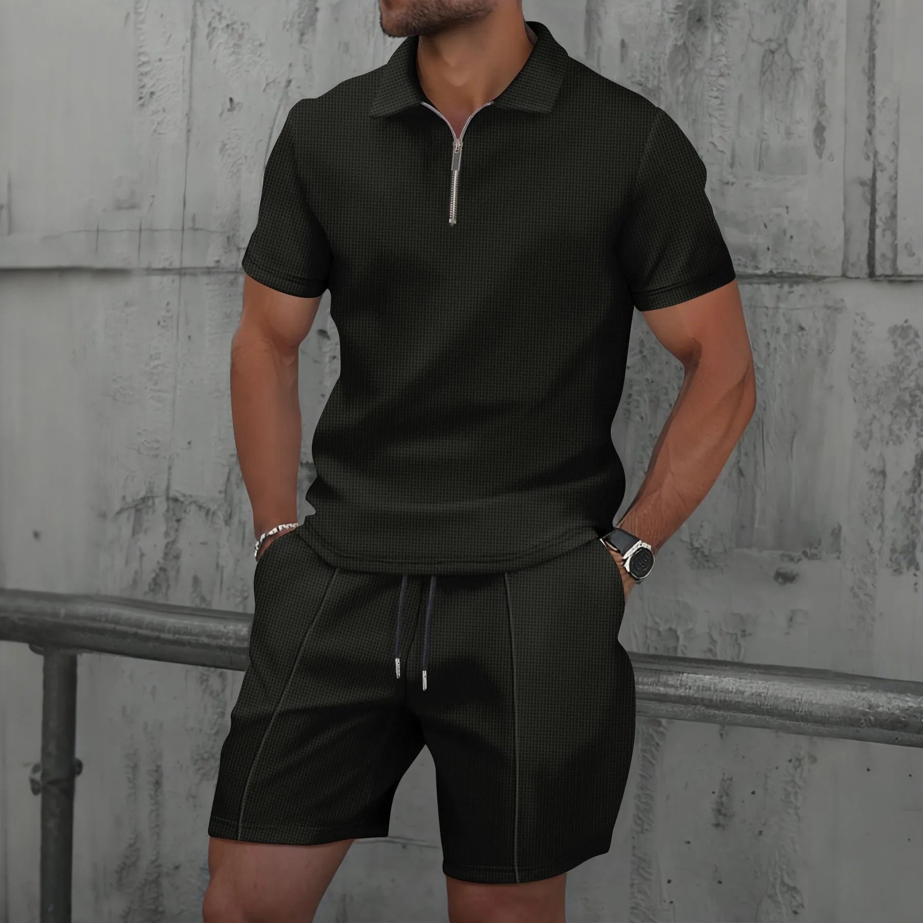 2026 Men Europe and the United States new summer Waffle solid color zip-up lapel short-sleeve suit shorts two sets