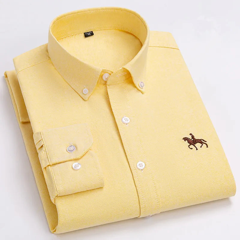 Basic Oxford Dress Shirt For Men Long Sleeve 100% Pure Cotton Solid  Casual Plaid Striped Social Business Male Regular-Fit S-6XL