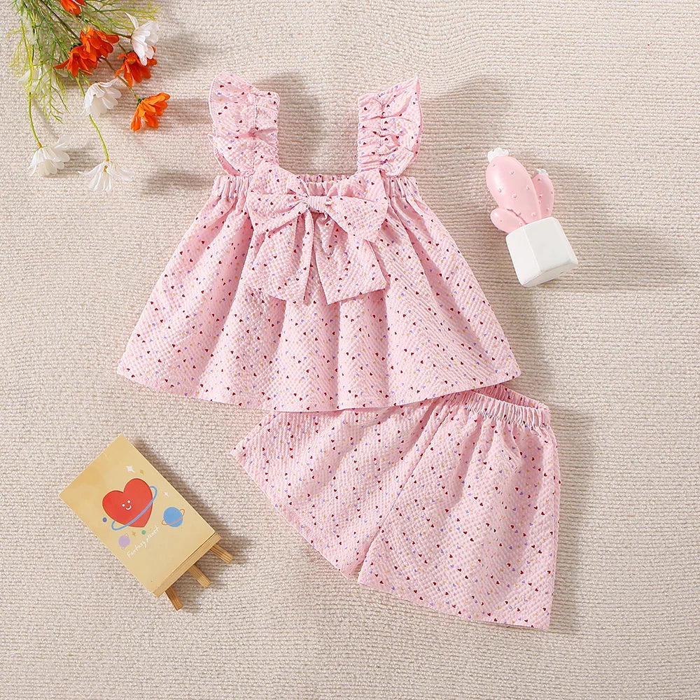 Summer New Two-Piece Set For Baby Girls With Halter Bow Small Flying Sleeve Love Polka Dot Printed Pleated Shorts Light Casual S
