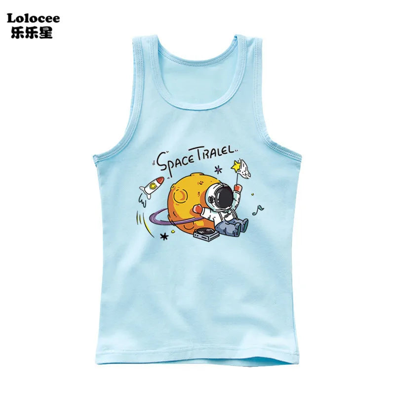 2024 Toddler Kid Clothes Summer Cotton Vest Top Boys Sleeveless Cartoon Dabbing Astronaut T-shirt Children Singlets