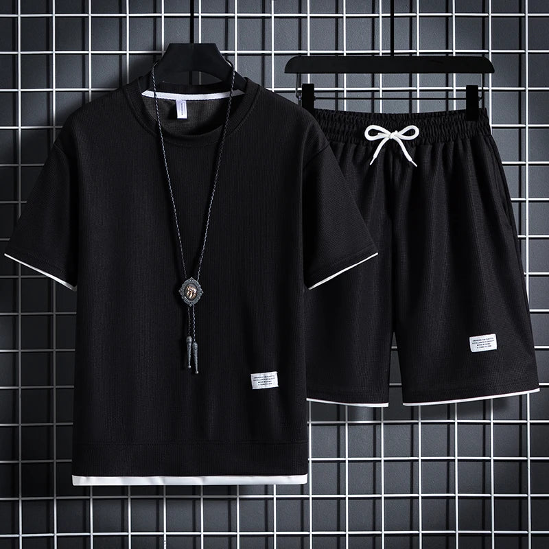 Summer Men's Waffle Sets Casual T-Shirt And Shorts Set Male Sports Suit Solid Color Tracksuit Loose Suits Size