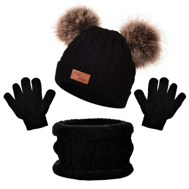 2025 Winter Warm Kids Hat Scarf Gloves Set Thickened Knit Pom Pom Beanie for Babies Soft and Cozy
