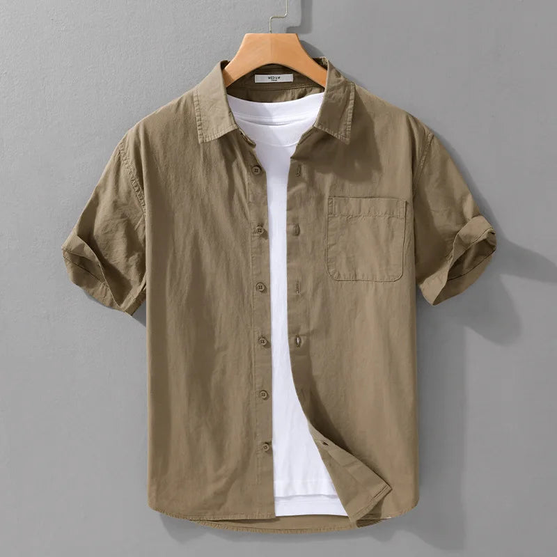 Summer New Casual Pure Cotton Thin Short Sleeve Shirts Men Clothing Soft Solid Color Streetwear FY969