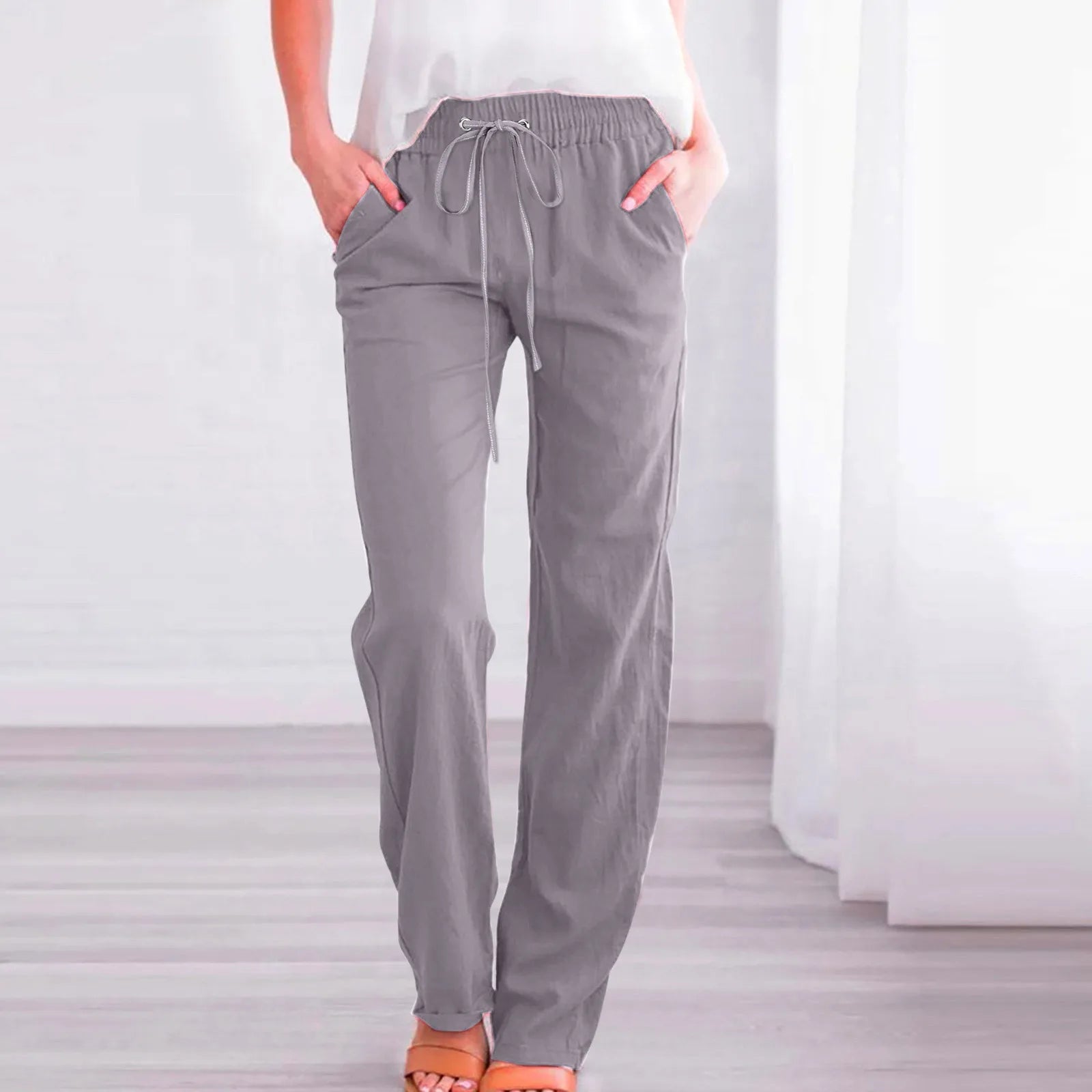 Women Cotton Linen Pants Solid Color Elastic Loose Drawstring Wide-Leg High Waist Trousers Female Stretch Straight Casual Pants