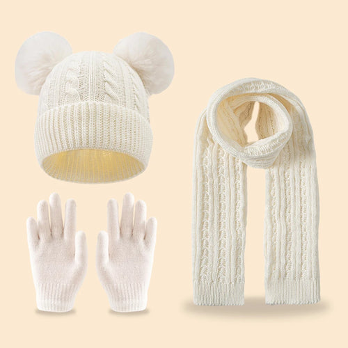 A winter cute double-ball fleece and thickened set of 3-14Y children's tassel scarves, hats and gloves
