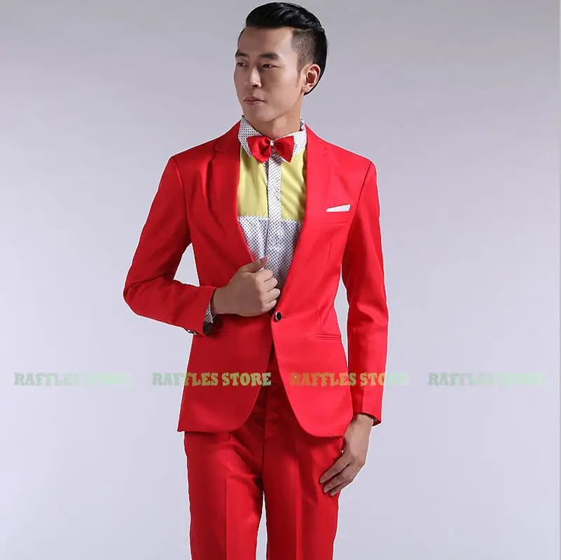 Mens Suit New Long-sleeved Men's Suits Pants Hosted Theatrical Tuxedos Wedding Prom Male Red Yellow Blue Formal Regular Clothes