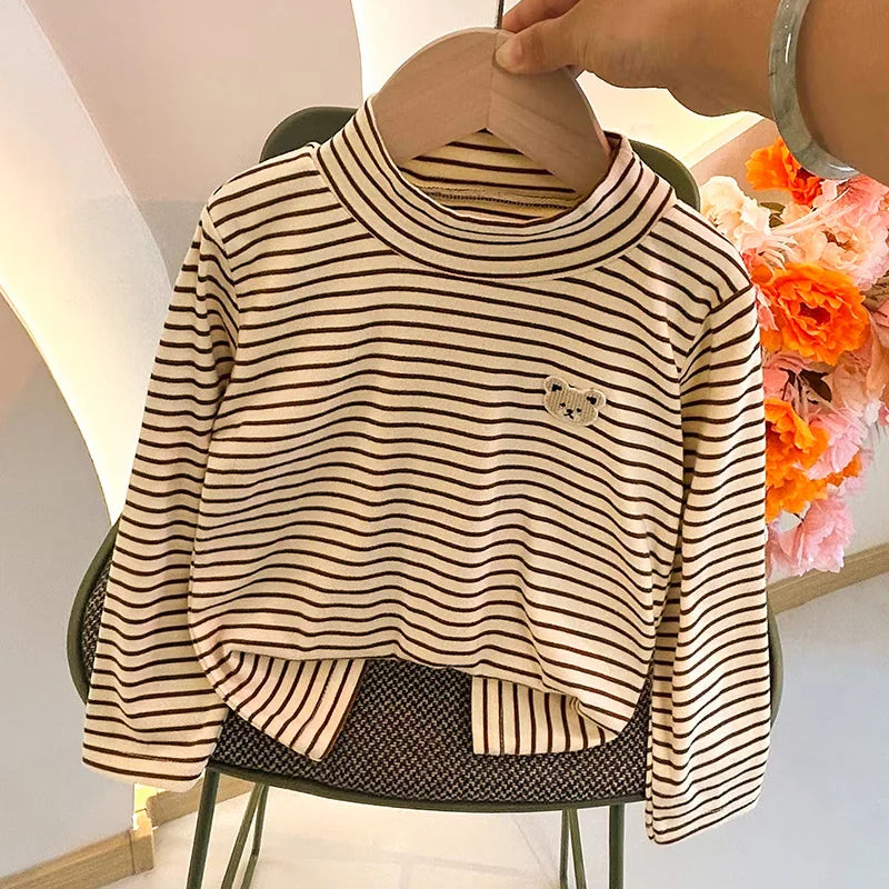 Children's Autumn Winter Clothing Long Sleeve T-shirt Striped Turtleneck Toddler Boys Girls Tops Fashion Undershirt
