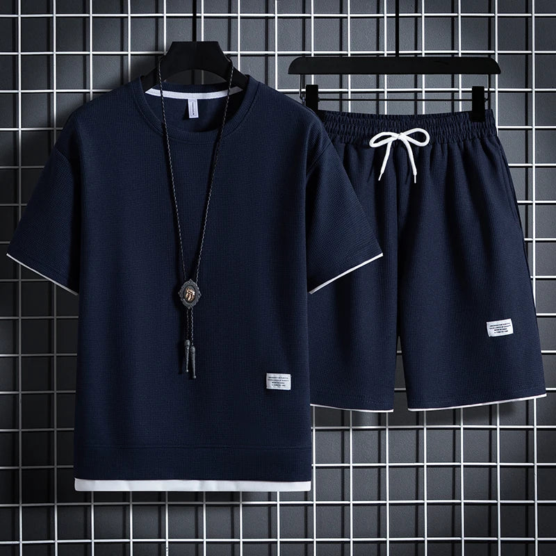 Summer Men's Waffle Sets Casual T-Shirt And Shorts Set Male Sports Suit Solid Color Tracksuit Loose Suits Size