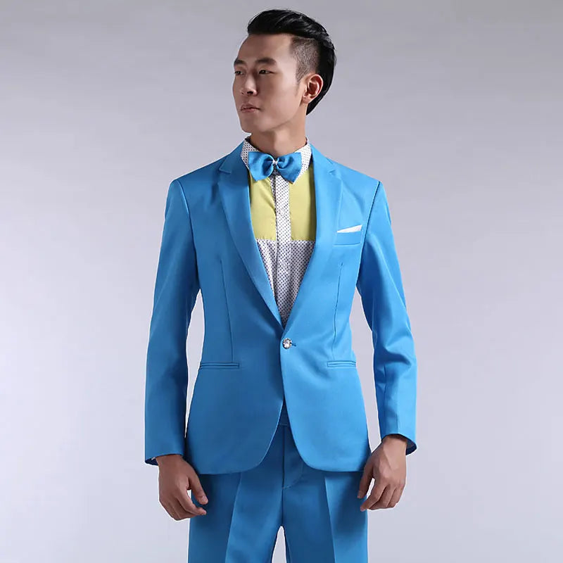 Mens Suit New Long-sleeved Men's Suits Pants Hosted Theatrical Tuxedos Wedding Prom Male Red Yellow Blue Formal Regular Clothes