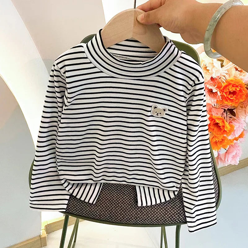 Children's Autumn Winter Clothing Long Sleeve T-shirt Striped Turtleneck Toddler Boys Girls Tops Fashion Undershirt