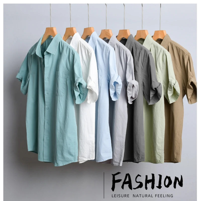 Summer New Casual Pure Cotton Thin Short Sleeve Shirts Men Clothing Soft Solid Color Streetwear FY969
