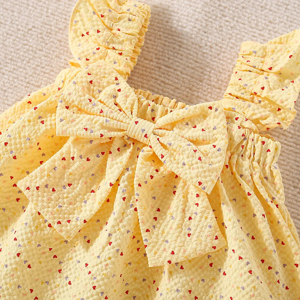 Summer New Two-Piece Set For Baby Girls With Halter Bow Small Flying Sleeve Love Polka Dot Printed Pleated Shorts Light Casual S