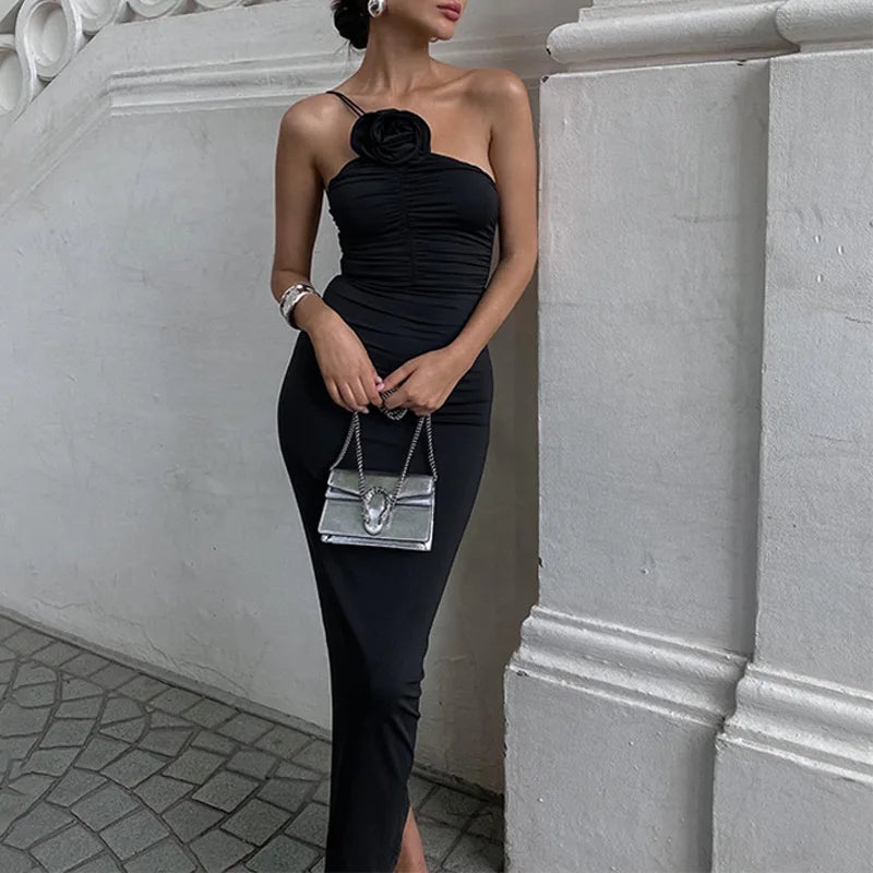 Cryptographic Elegant Floral Applique Ruched Dress Elegant Summer Outfits for Women Irregular Sleeveless Party Club Maxi Dresses