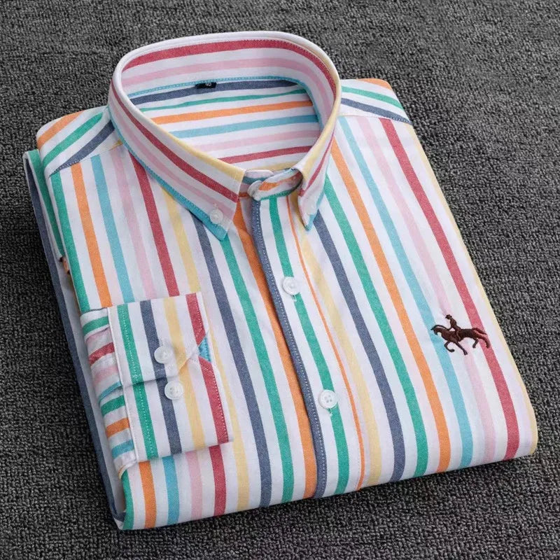 Basic Oxford Dress Shirt For Men Long Sleeve 100% Pure Cotton Solid  Casual Plaid Striped Social Business Male Regular-Fit S-6XL