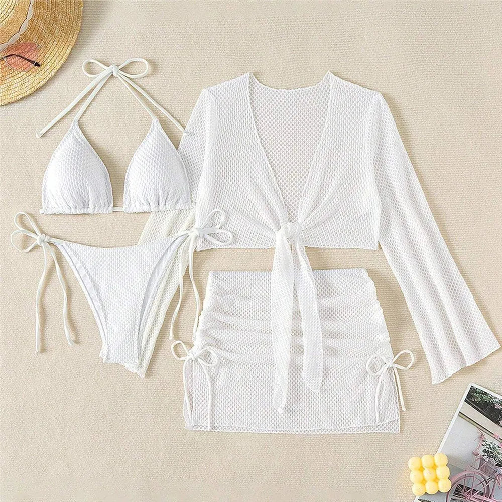 Solid White Mesh Cover Up 4 Piece Bikinis Set Swimwear Sexy Swimsuit Women Bather Halter String Triangle Micro Bikini Thong 2026