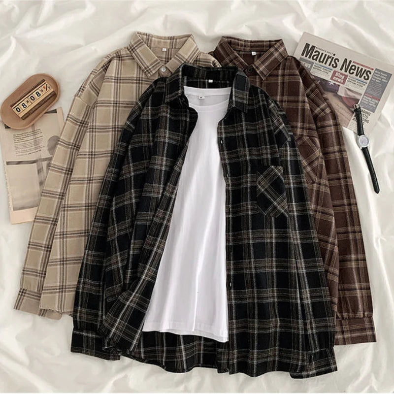 3XL Women Shirts Baggy Plaid Long Sleeve Chic Fashion Simple Casual New Females Spring Tops All-match Streetwear Retro Ulzzang