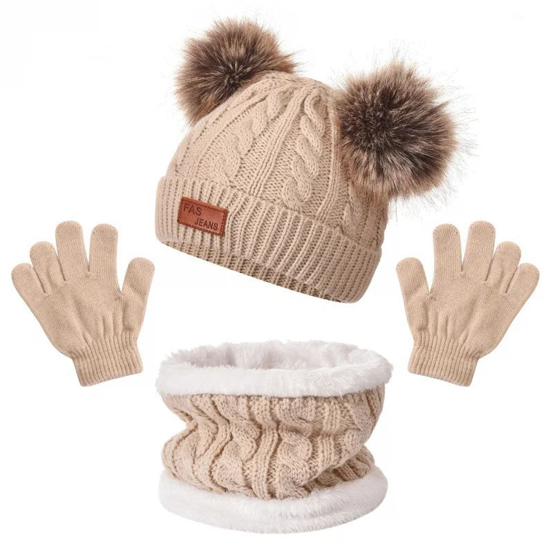 2025 Winter Warm Kids Hat Scarf Gloves Set Thickened Knit Pom Pom Beanie for Babies Soft and Cozy