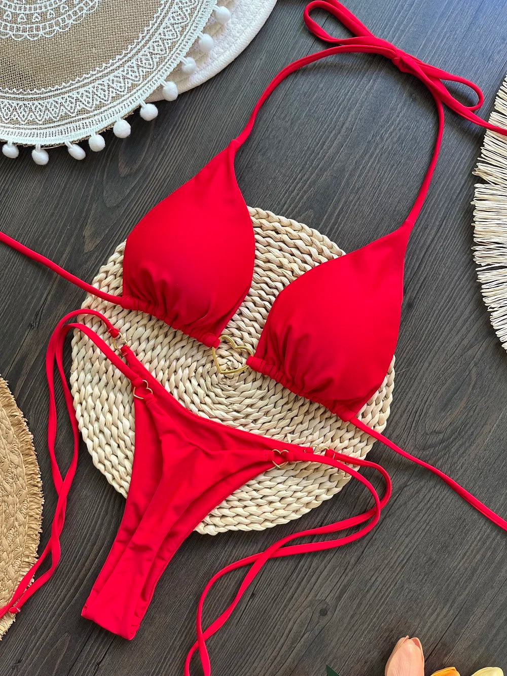 Women's Solid Color Sexy Bikini Set 2-piece Split Beach Swimsuit Red