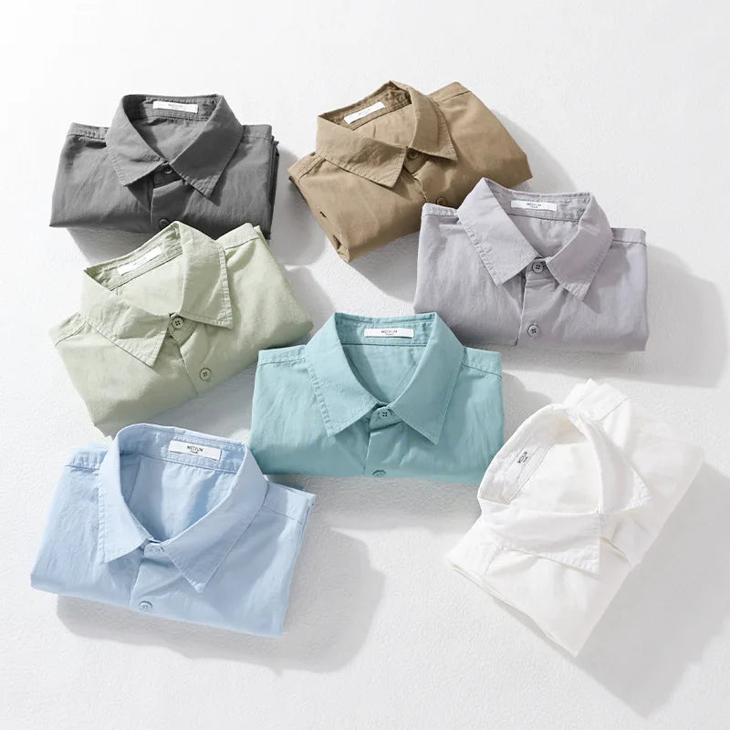 Summer New Casual Pure Cotton Thin Short Sleeve Shirts Men Clothing Soft Solid Color Streetwear FY969