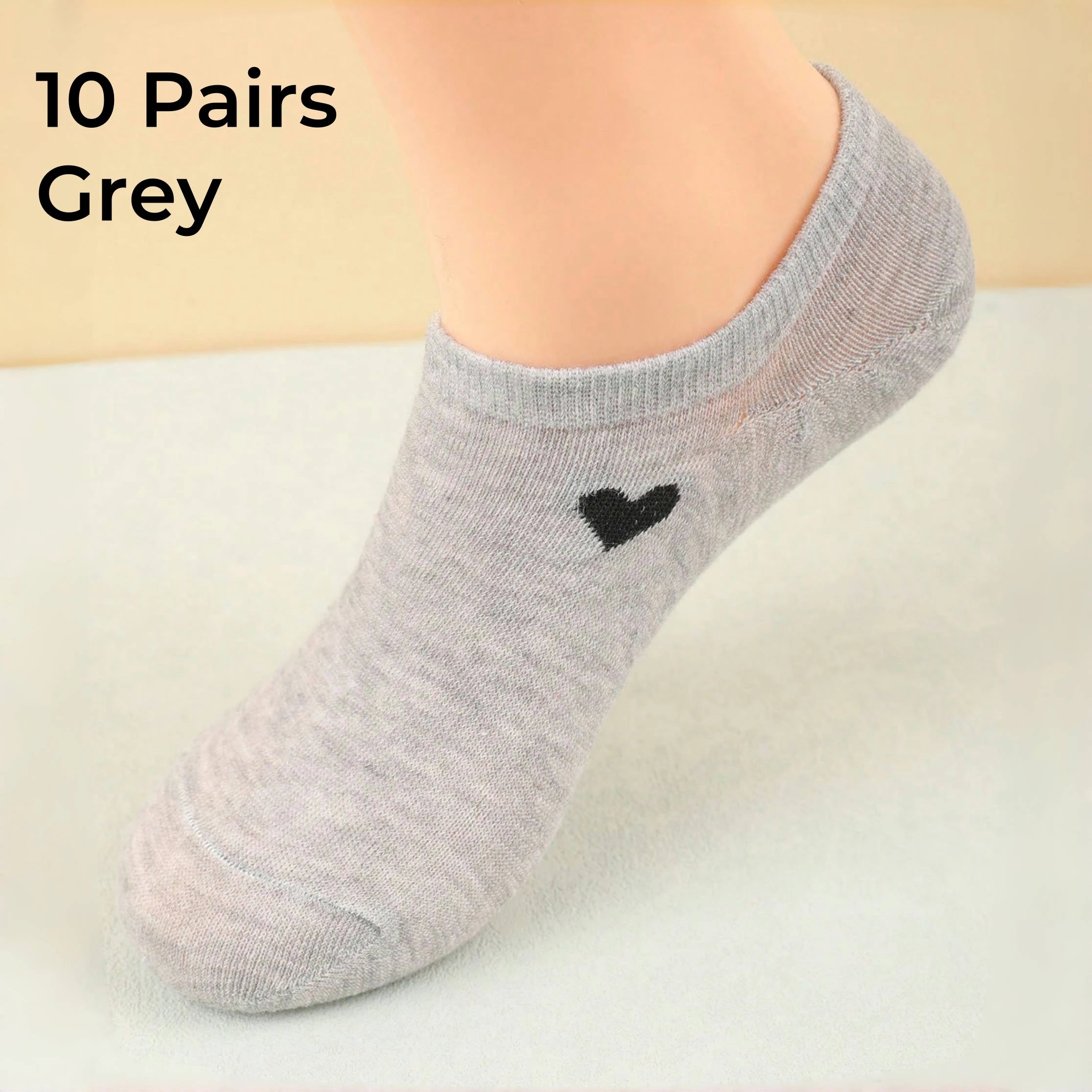 Women's No-Show Socks – Heart Pattern, Black, White & Gray, Versatile and Classic, Comfortable, Breathable, Moisture-Wicking