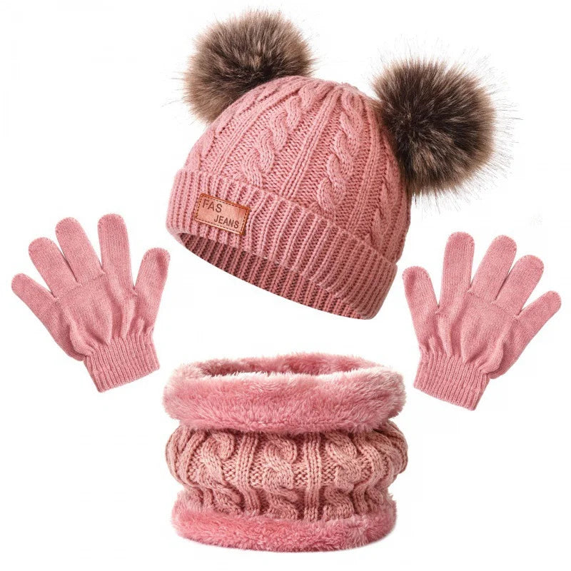 2025 Winter Warm Kids Hat Scarf Gloves Set Thickened Knit Pom Pom Beanie for Babies Soft and Cozy