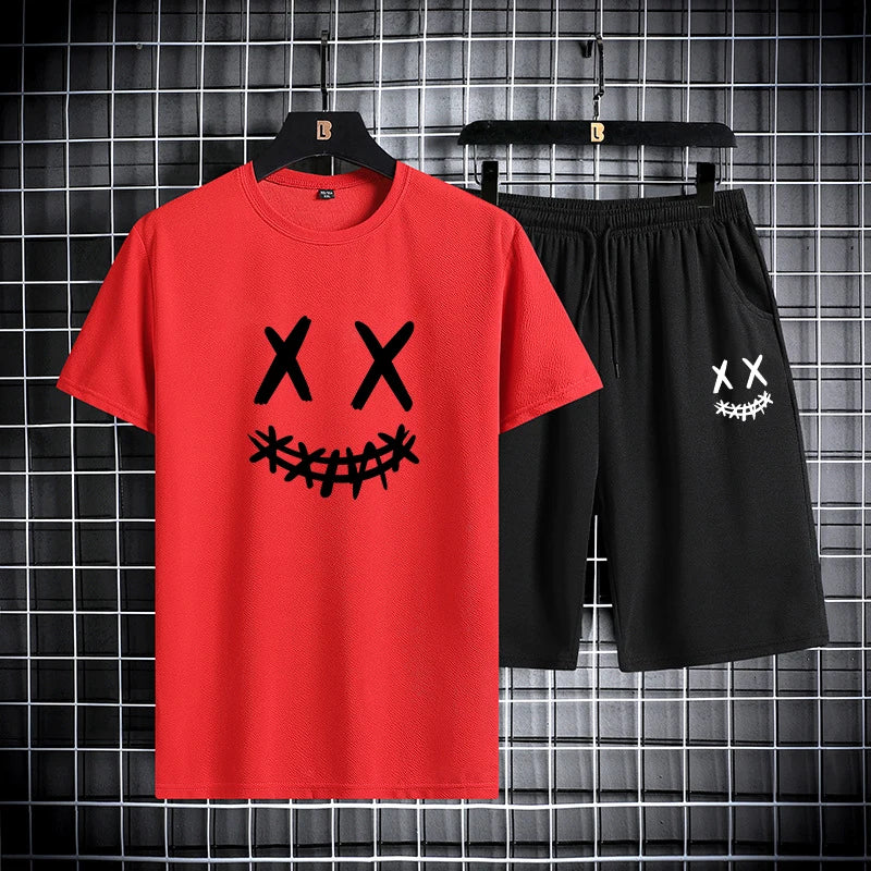 Men's summer sports suit round neck short sleeved T-shirt five quarter shorts slim fit fashion two-piece set men's clothing