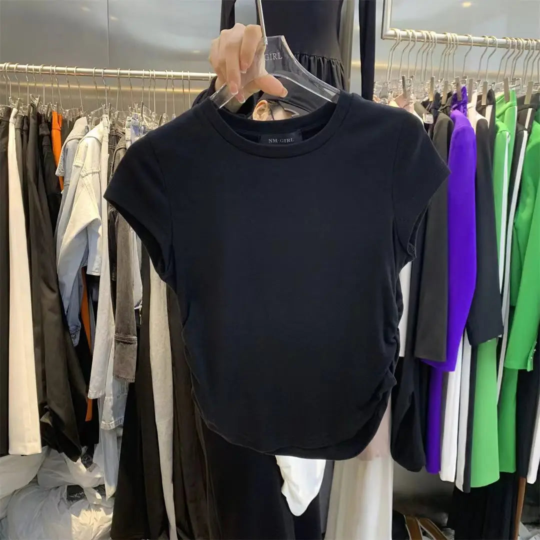 2026 Summer Y2K T shirt Women Solid Color Kpop Vintage O-neck Crop Tops Woman Slim Skinny Pullover Clothing Clothes Ruffled Tees