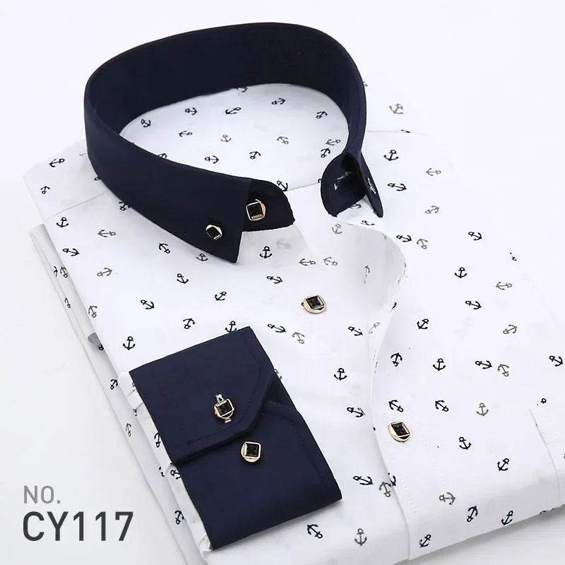 New Men's Printed Long Sleeve Shirt Korean Slim Youth Plaid Versatile Shirt Casual Fashion Floral Inch Shirt Iron-free Process