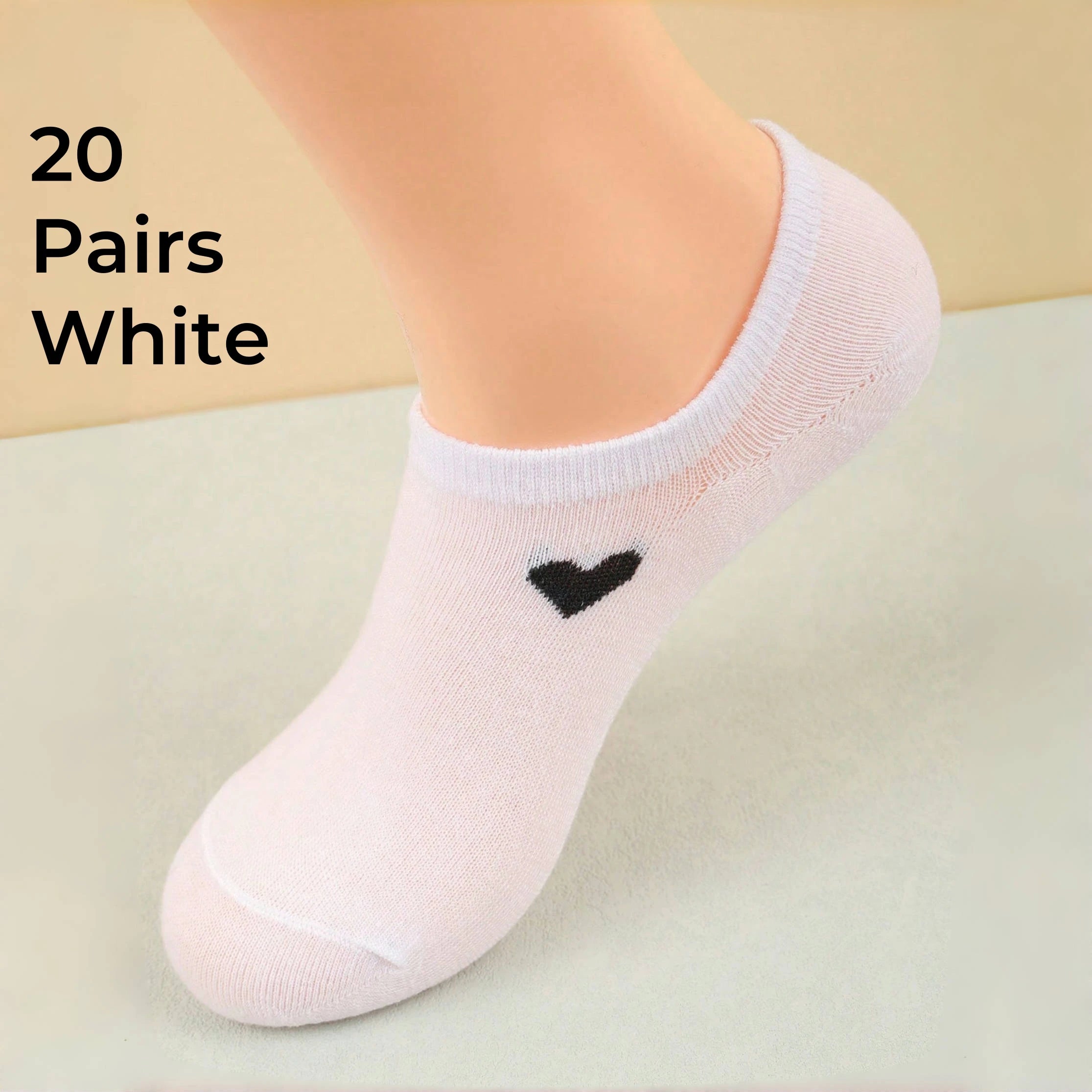 Women's No-Show Socks – Heart Pattern, Black, White & Gray, Versatile and Classic, Comfortable, Breathable, Moisture-Wicking