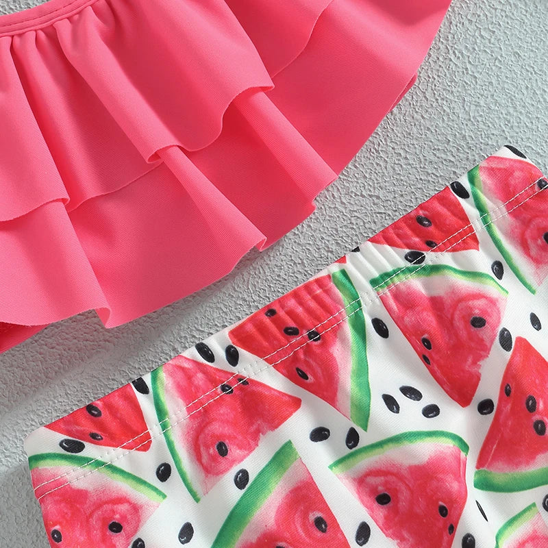 Kid Girls Bikini Swimsuit Sleeveless Halter Neck Swimwear Ruffle Crop Tops Vest Shorts Infant Bathing Suit with Hat