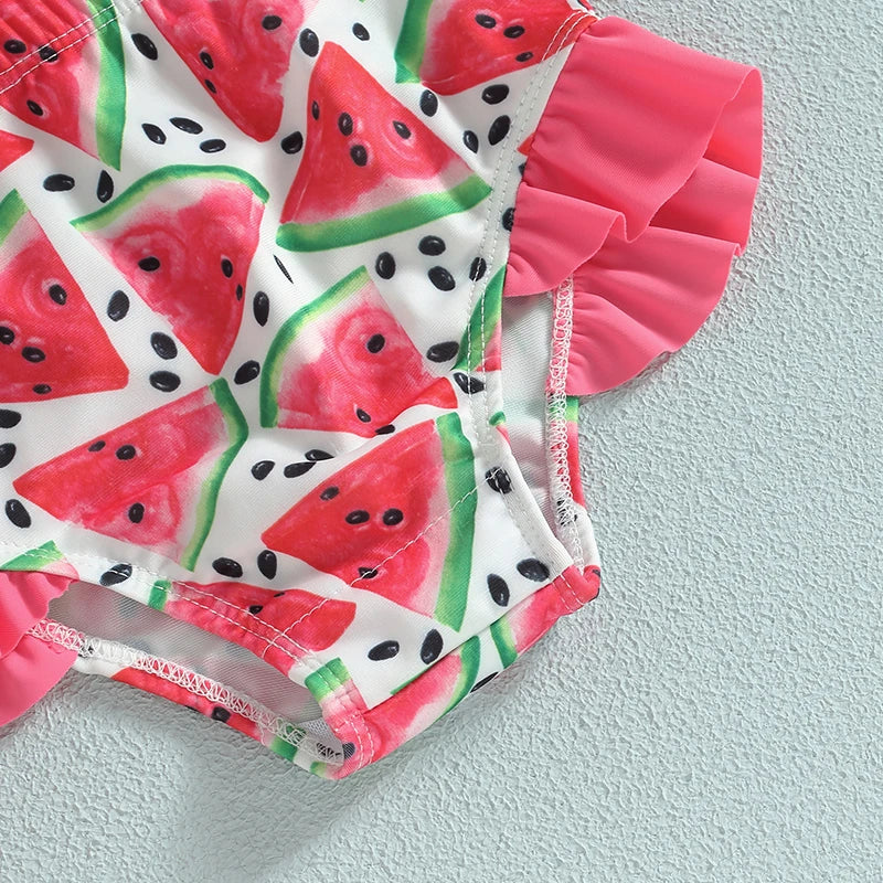 Kid Girls Bikini Swimsuit Sleeveless Halter Neck Swimwear Ruffle Crop Tops Vest Shorts Infant Bathing Suit with Hat
