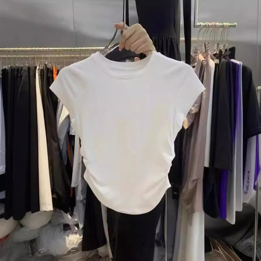 2026 Summer Y2K T shirt Women Solid Color Kpop Vintage O-neck Crop Tops Woman Slim Skinny Pullover Clothing Clothes Ruffled Tees