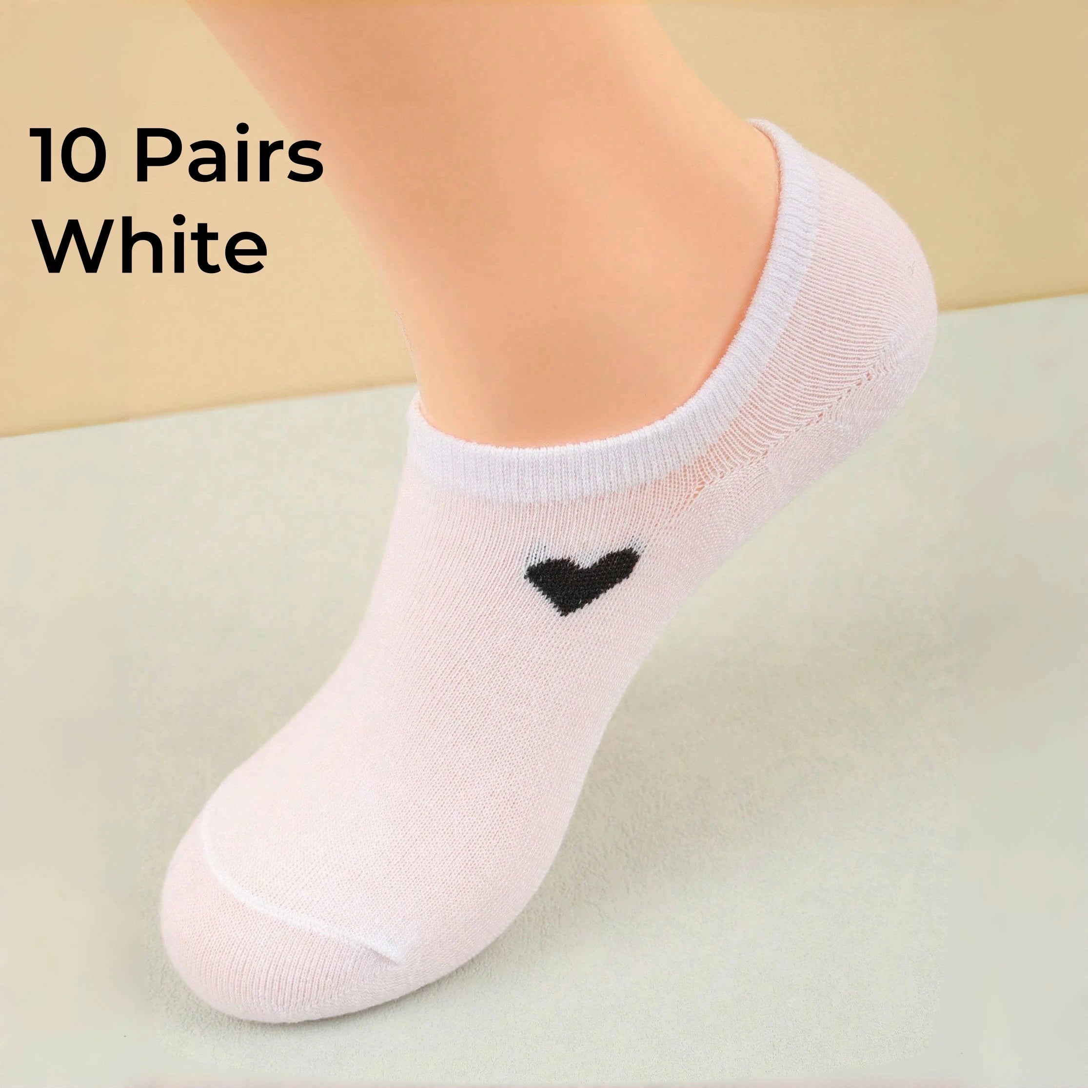 Women's No-Show Socks – Heart Pattern, Black, White & Gray, Versatile and Classic, Comfortable, Breathable, Moisture-Wicking