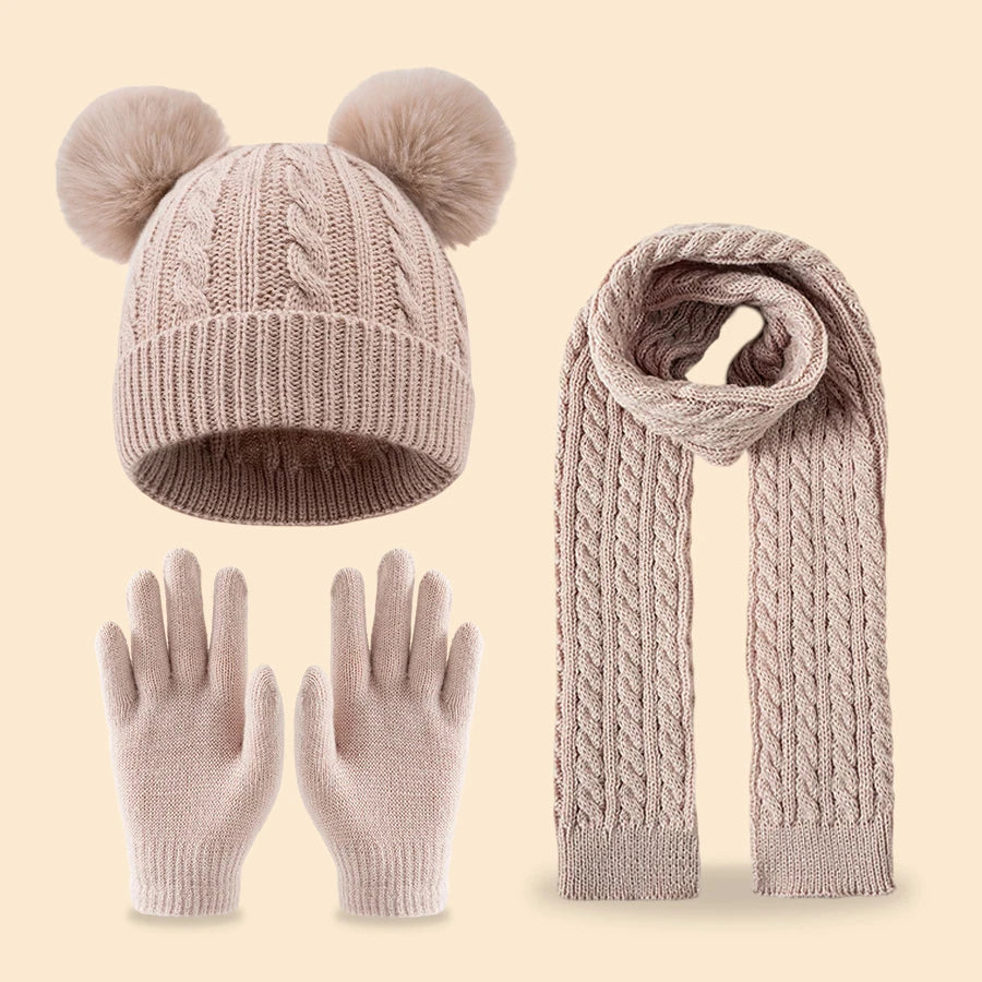 A winter cute double-ball fleece and thickened set of 3-14Y children's tassel scarves, hats and gloves