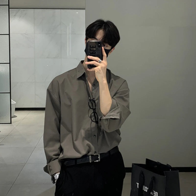 New Korean Business Men Shirts Light Luxury Slim-fit Solid Color Long Sleeve Cardigans Leisure Breathable Solid Color Basic Tops