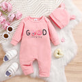 Newborn Baby Girl Romper with Hat, Cartoon Print Cotton Long Sleeve Infant Jumpsuit, Soft Breathable One-Piece Outfit for 3-12M