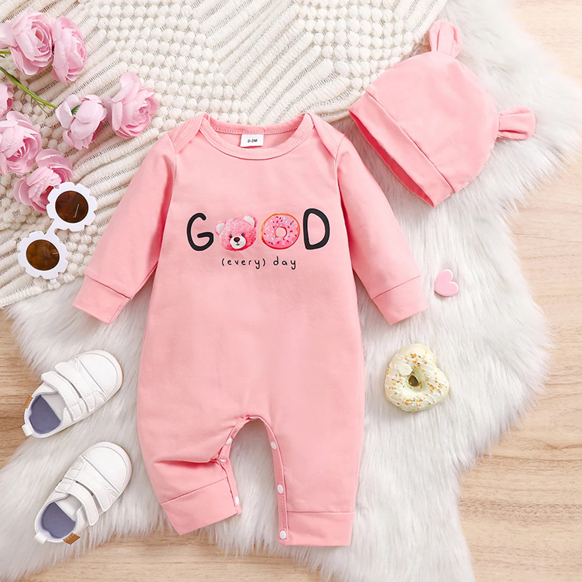Newborn Baby Girl Romper with Hat, Cartoon Print Cotton Long Sleeve Infant Jumpsuit, Soft Breathable One-Piece Outfit for 3-12M
