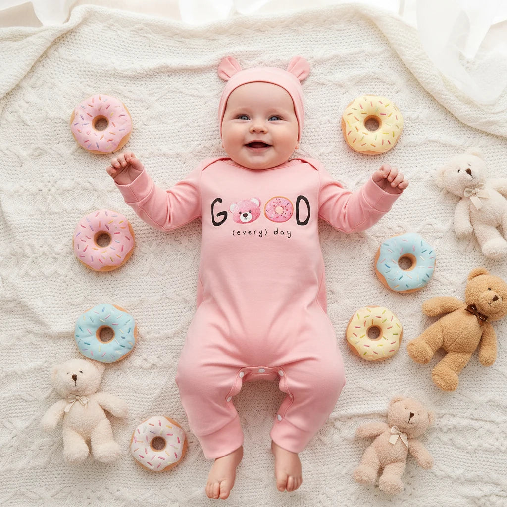 Newborn Baby Girl Romper with Hat, Cartoon Print Cotton Long Sleeve Infant Jumpsuit, Soft Breathable One-Piece Outfit for 3-12M
