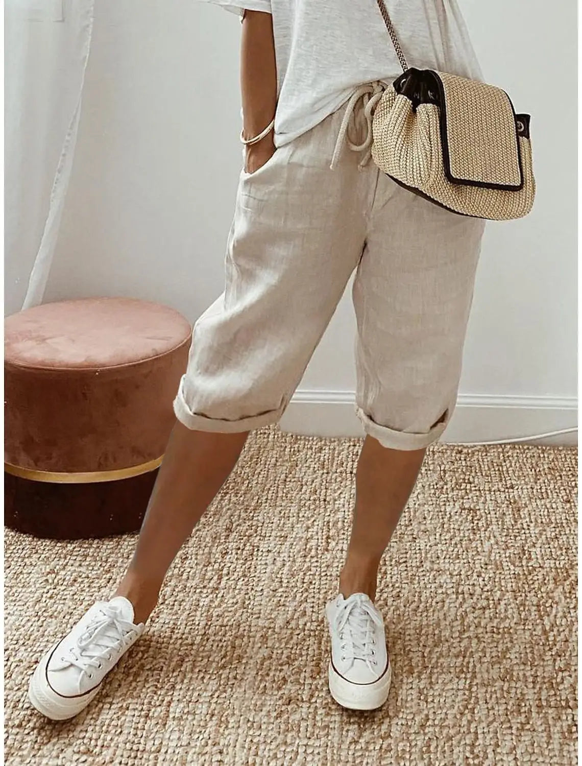 Shorts Women summer cotton linen elastic waist pocket elastic casual pants five quarter women's clothing YRW911
