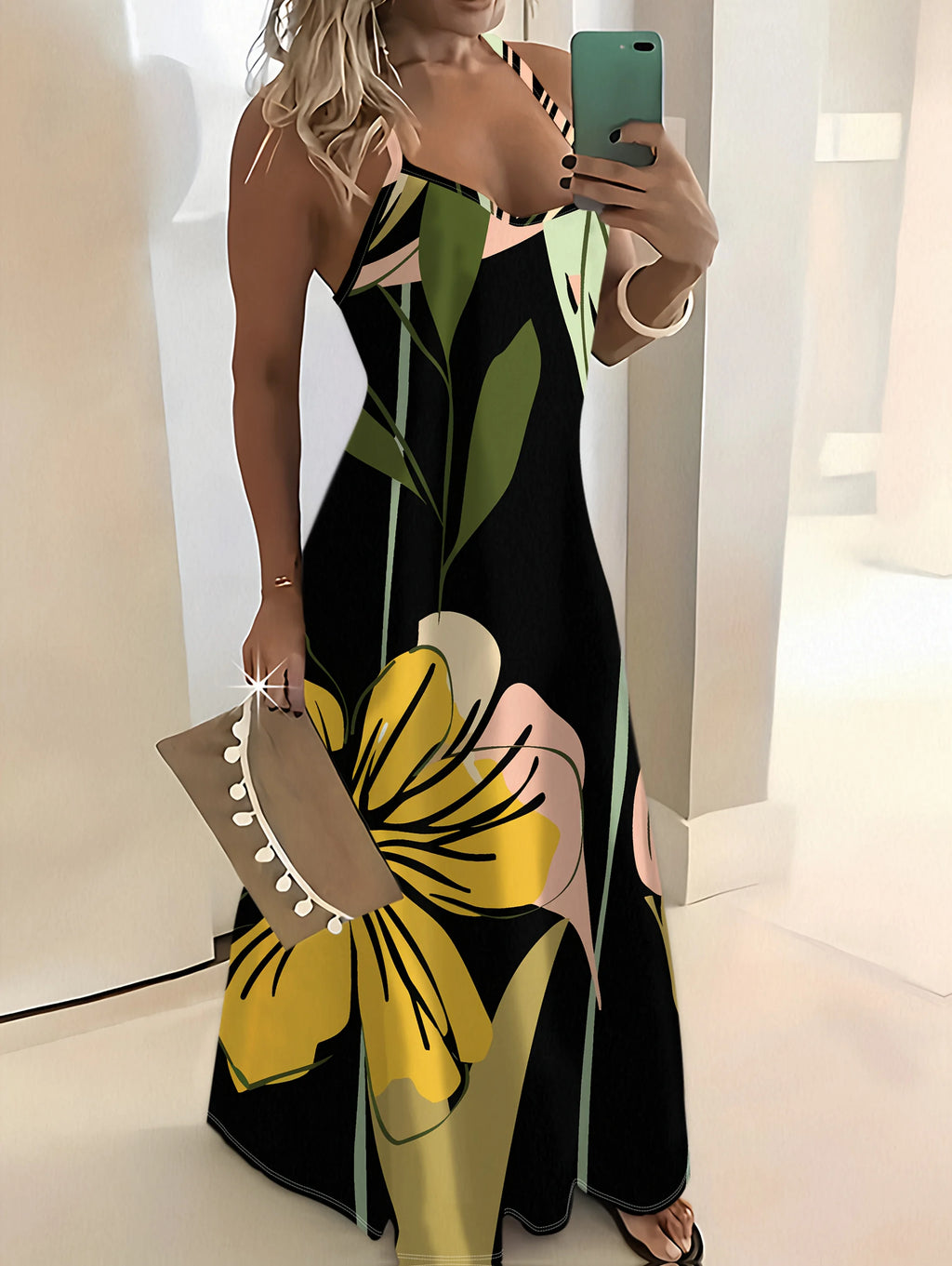 Summer Vacation Dress for Women Floral Print Yellow Green Long Sleeve A Line Dress Round Neck Casual Day Dress Beach Outfit