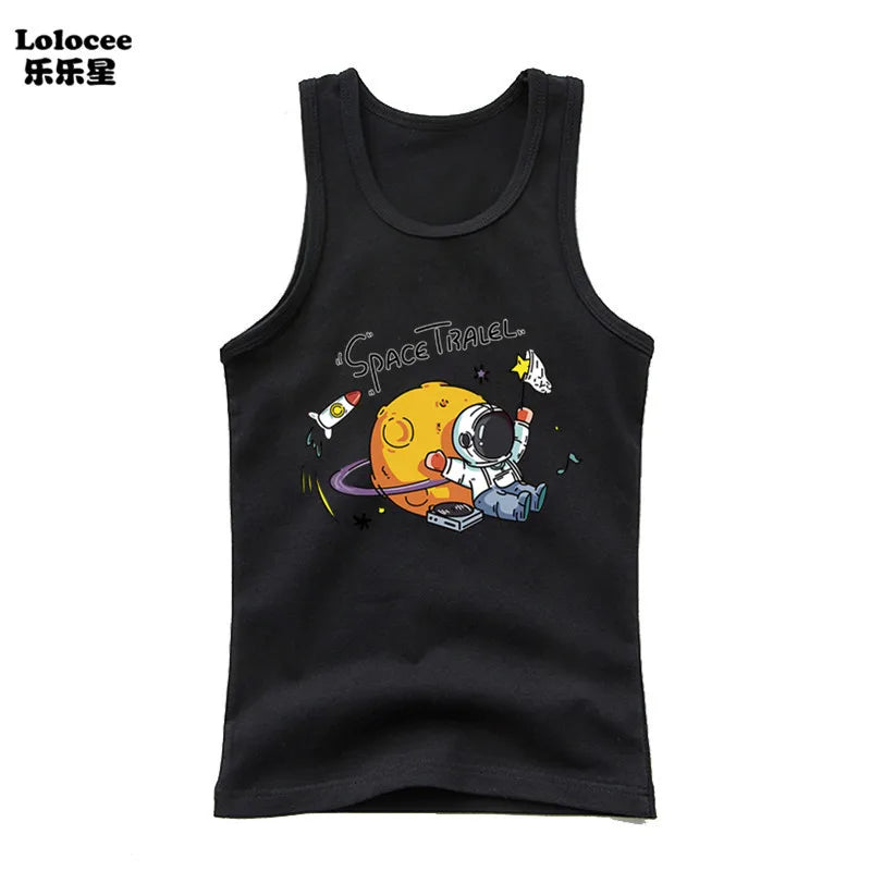 2024 Toddler Kid Clothes Summer Cotton Vest Top Boys Sleeveless Cartoon Dabbing Astronaut T-shirt Children Singlets