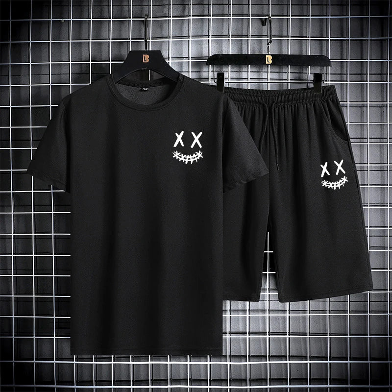 Men's summer sports suit round neck short sleeved T-shirt five quarter shorts slim fit fashion two-piece set men's clothing