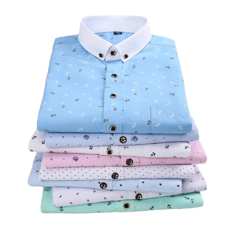 New Men's Printed Long Sleeve Shirt Korean Slim Youth Plaid Versatile Shirt Casual Fashion Floral Inch Shirt Iron-free Process