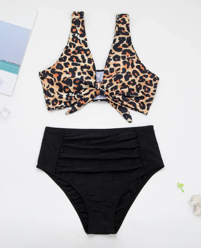Large Size 4XL Women's Sexy V Neck Swimsuit Leopard Patchwork Lace-up Knotted Swimwear High Waist Push Up Bathing Suits Tankini