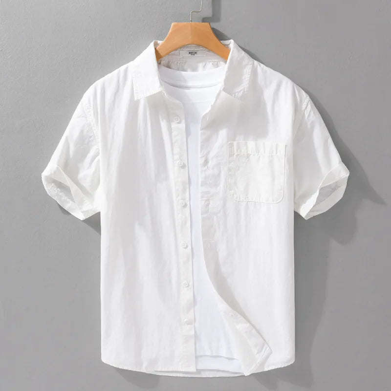 Summer New Casual Pure Cotton Thin Short Sleeve Shirts Men Clothing Soft Solid Color Streetwear FY969