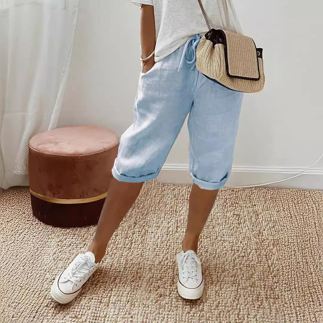 Shorts Women summer cotton linen elastic waist pocket elastic casual pants five quarter women's clothing YRW911