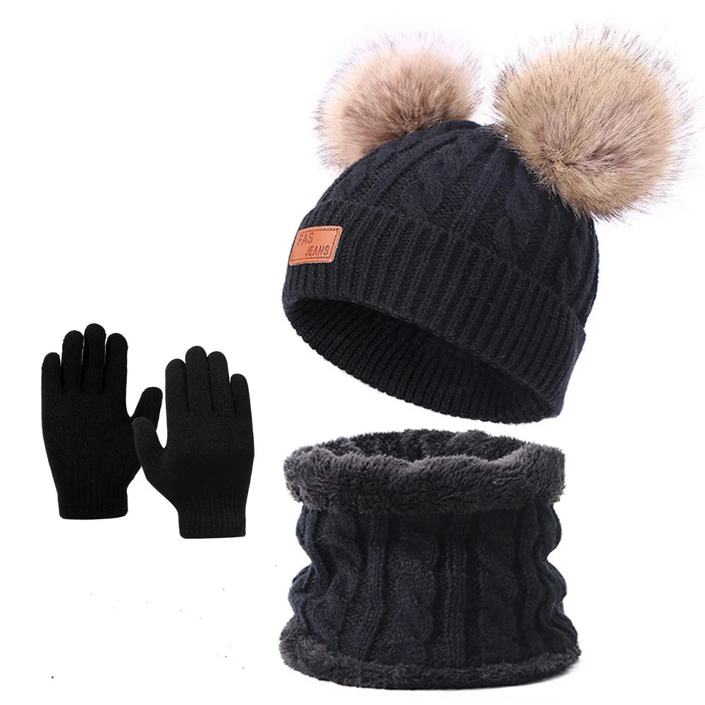 2025 Winter Warm Kids Hat Scarf Gloves Set Thickened Knit Pom Pom Beanie for Babies Soft and Cozy